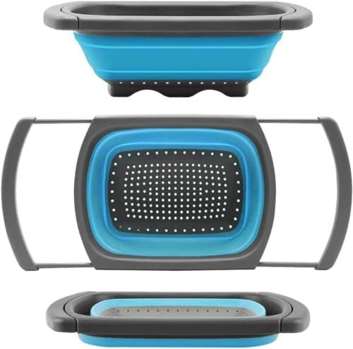 Collapsible Colander, Blue Food Strainer Over the Sink Colanders Strainers with Extendable Handles, 6-Quart, Dishwasher-Safe Kitchen Folding Strainer for Pasta, Vegetables and Fruits by Polerce