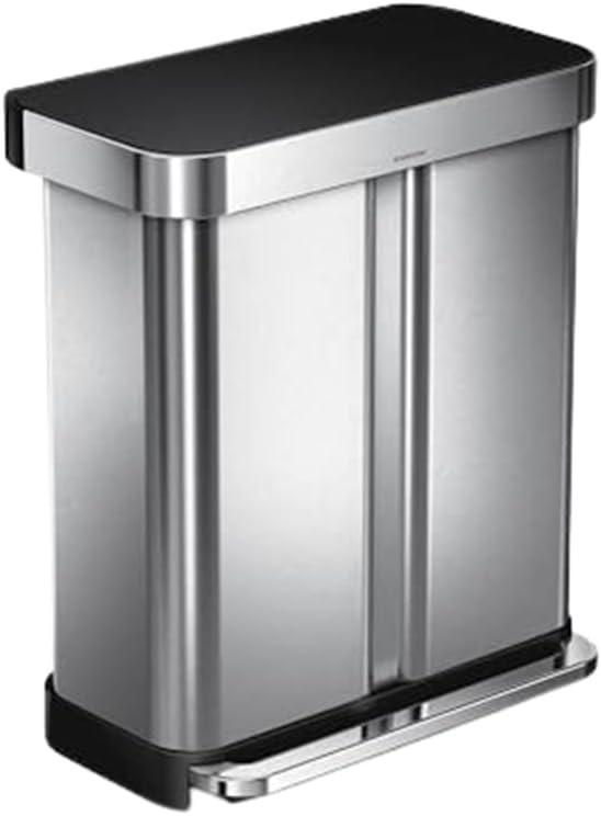 simplehuman 58L Rectangular Dual Compartment Recycling Step Trash Can Brushed Stainless Steel: Fingerprint-Resistant Garbage Can