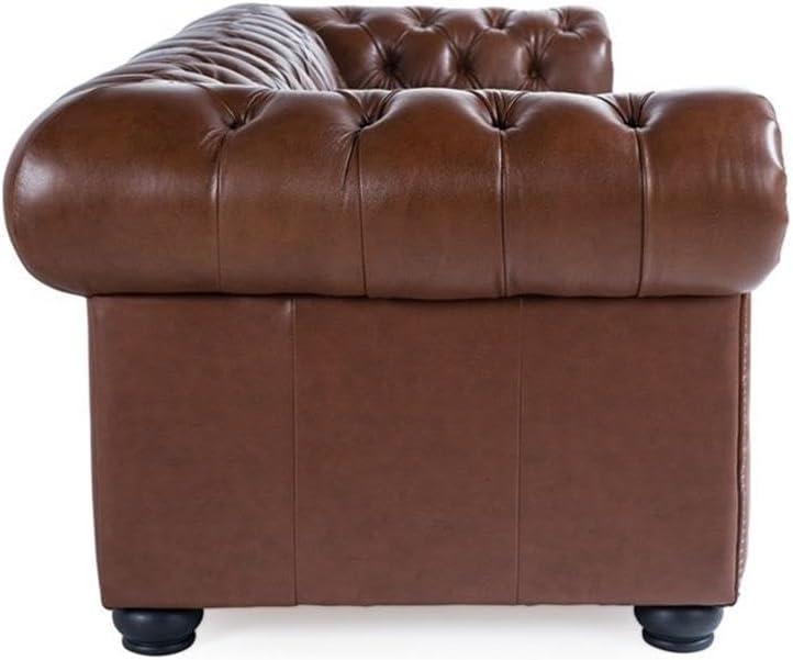 Bowery Hill 95"W Traditional Leather Tufted Back Chesterfield Sofa in Chestnut