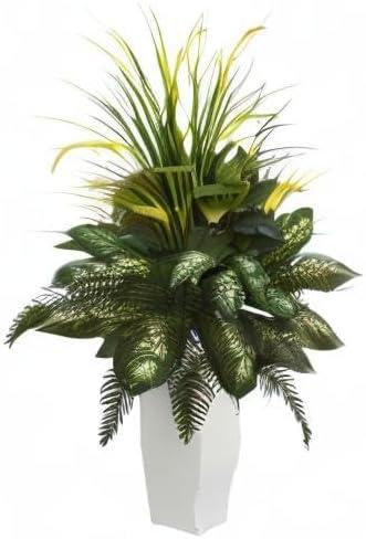 48" x 26" Artificial Mixed River Fern and Dogtail Plant in White Tower Planter - Nearly Natural: Indoor Faux Floor Plant