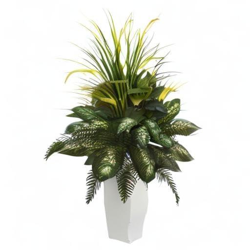 48" x 26" Artificial Mixed River Fern and Dogtail Plant in White Tower Planter - Nearly Natural: Indoor Faux Floor Plant