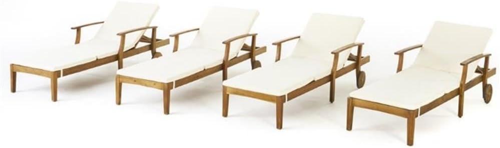 Teak Finish Acacia Wood Chaise Lounges with Cream Cushions, Set of 4