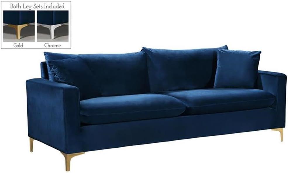 Luxurious Naomi Navy Velvet Sofa with Gold and Chrome Legs