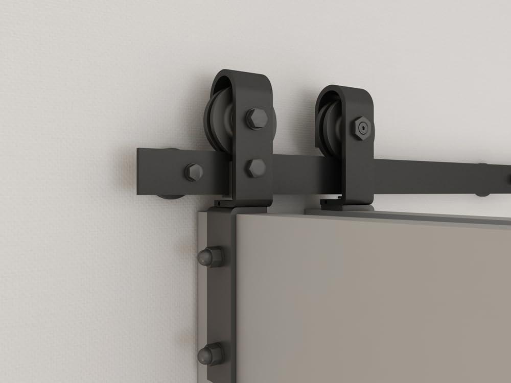 72 in. x 80 in. Hollow Core 2 Panel White Painted MDF Composite Double Bi-Fold Barn Doors with Sliding Hardware Kit