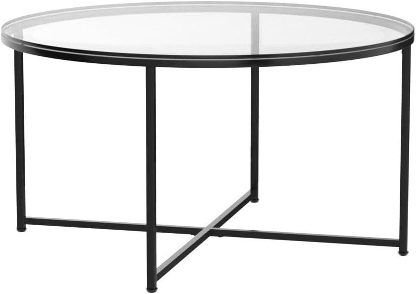 Elegant 35.5" Round Clear Glass Coffee Table with Matte Black Frame