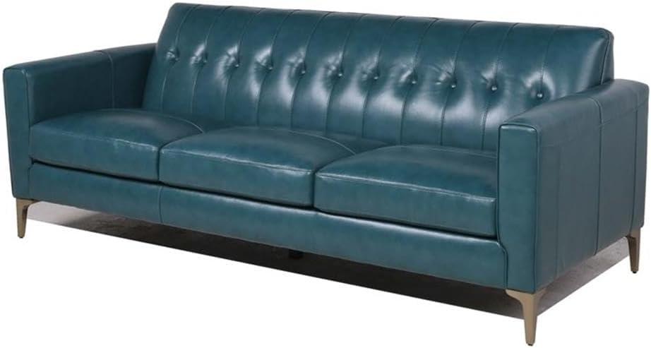 Turquoise Leather Tufted Sofa with Removable Cushions