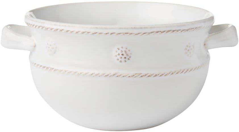 White Embossed Ceramic Handled Soup Bowl