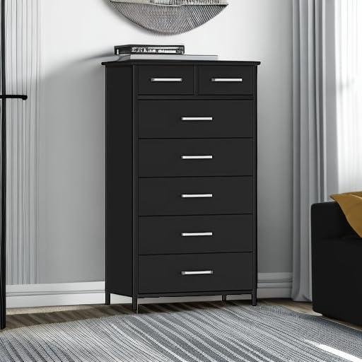 IKENO 7 Drawer Dresser, Industrial Wood Storage Dressers & Chests of Drawers with Sturdy Steel Frame, Storage Dresser for Bedroom Wood
