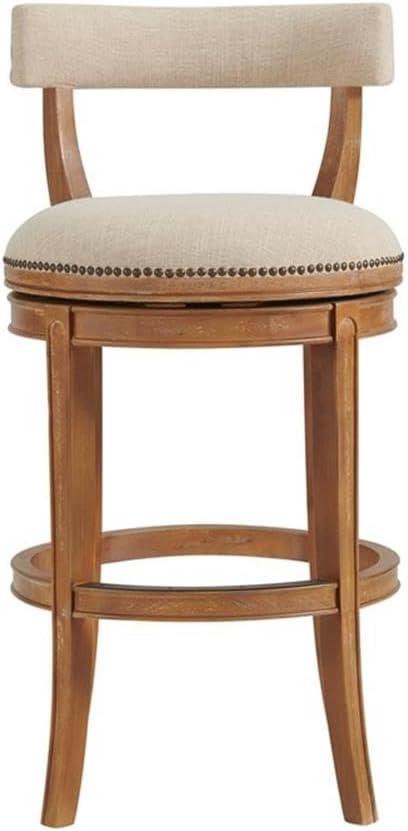 Alaterre Hanover Swivel Bar Height Stool, Weathered Brown and Beige, Solid Rubberwood Frame with Faux Linen Upholstered Seat, Nailhead Trim, Memory Return Swivel, 20 in. W x 22 in. D x 41 in. H