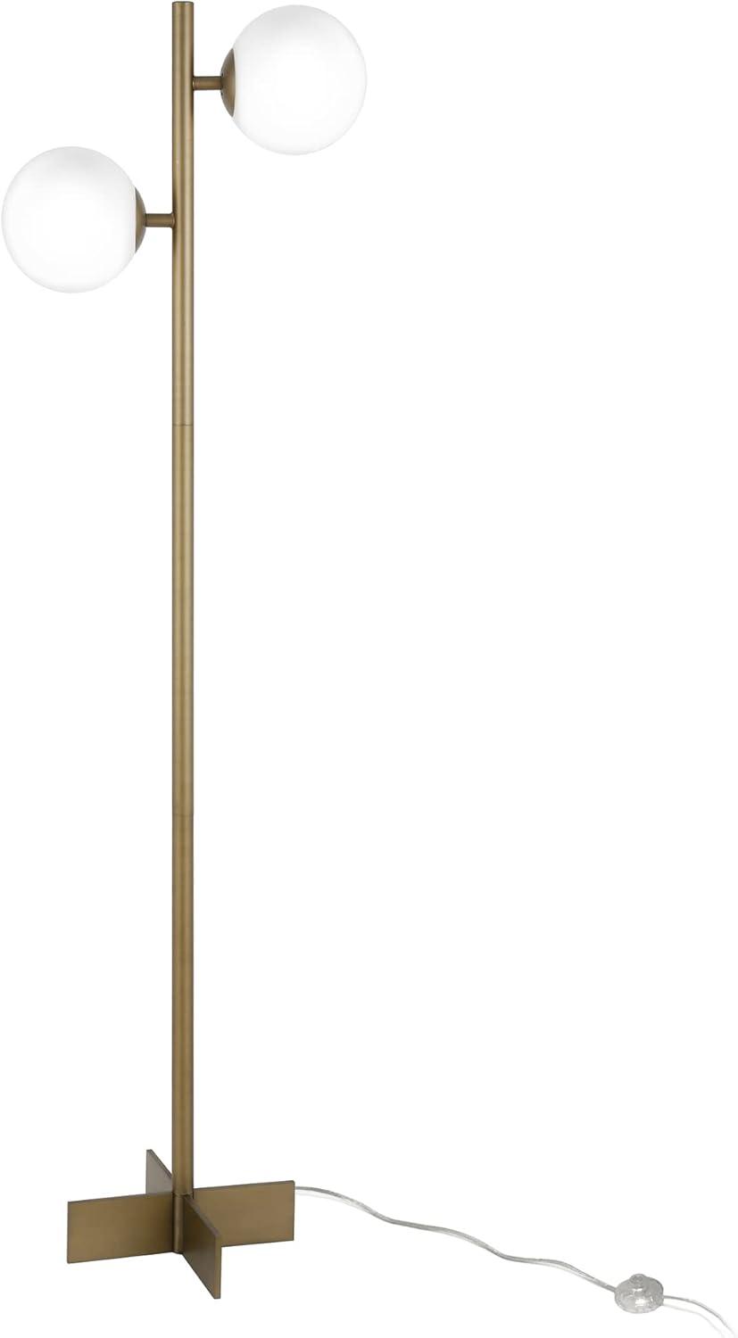 Sleek Brass Floor Lamp with White Milk Glass Orbs