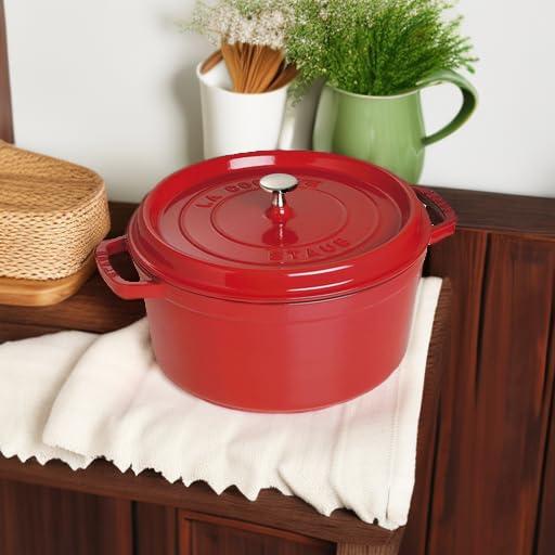 Staub Cast Iron Round Cocotte, Dutch Oven, 7-quart, serves 7-8, Made in France, Cherry