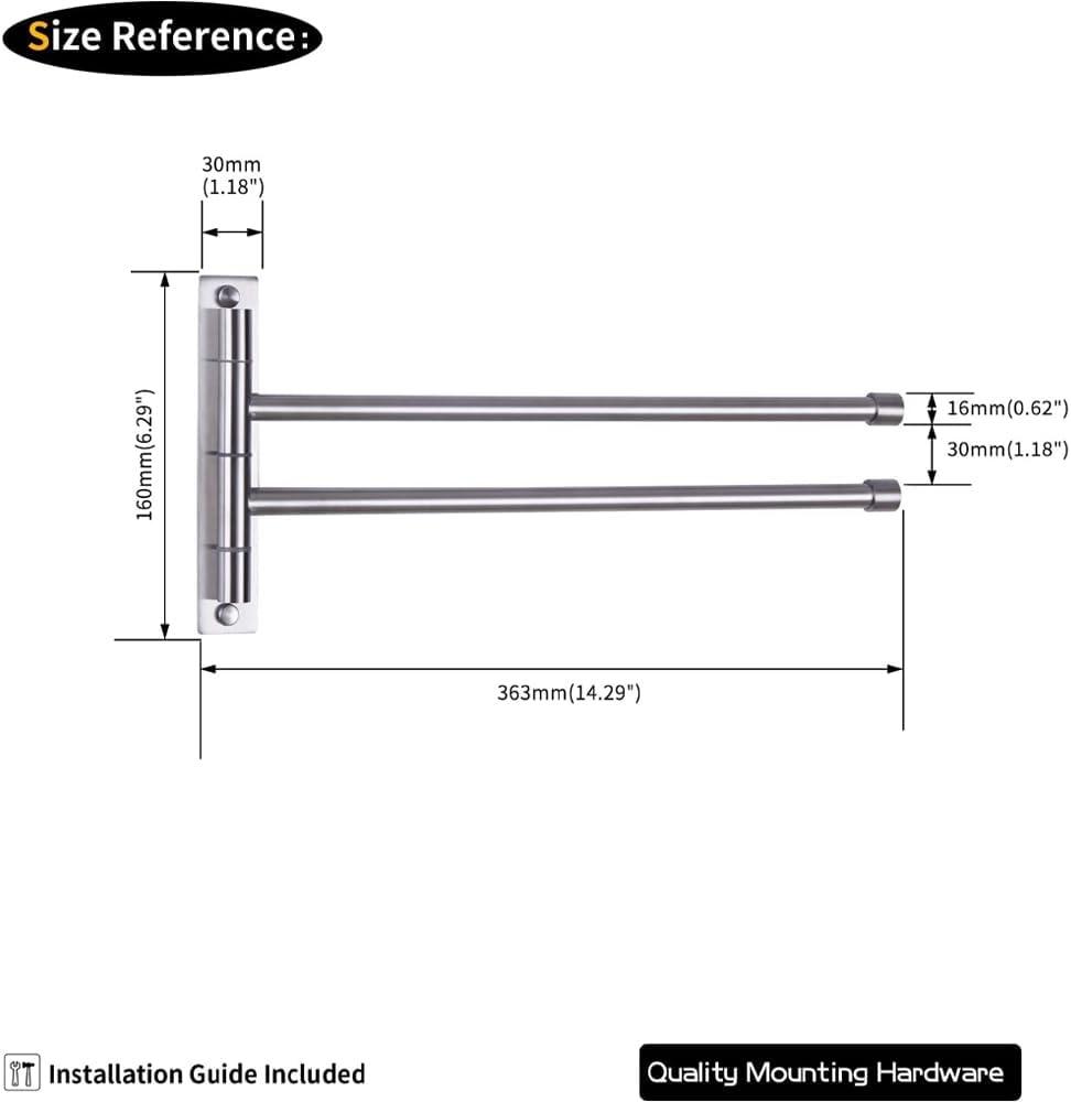 Stainless Steel Swing Out Towel Bar 2-Bar Folding Arm Swivel Hanger Bathroom Storage Organizer Rustproof Wall Mount Brushed Finish