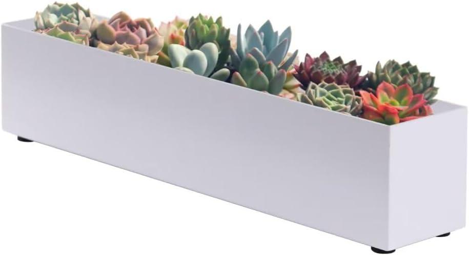16" Window Box Rectangular Succulent Planting Box Metal Table Sill Planter Pots Modern Long Durable for Small Herb with Drainage Hole for Indoor Outdoor, with 4 Free Rubber Mats, White