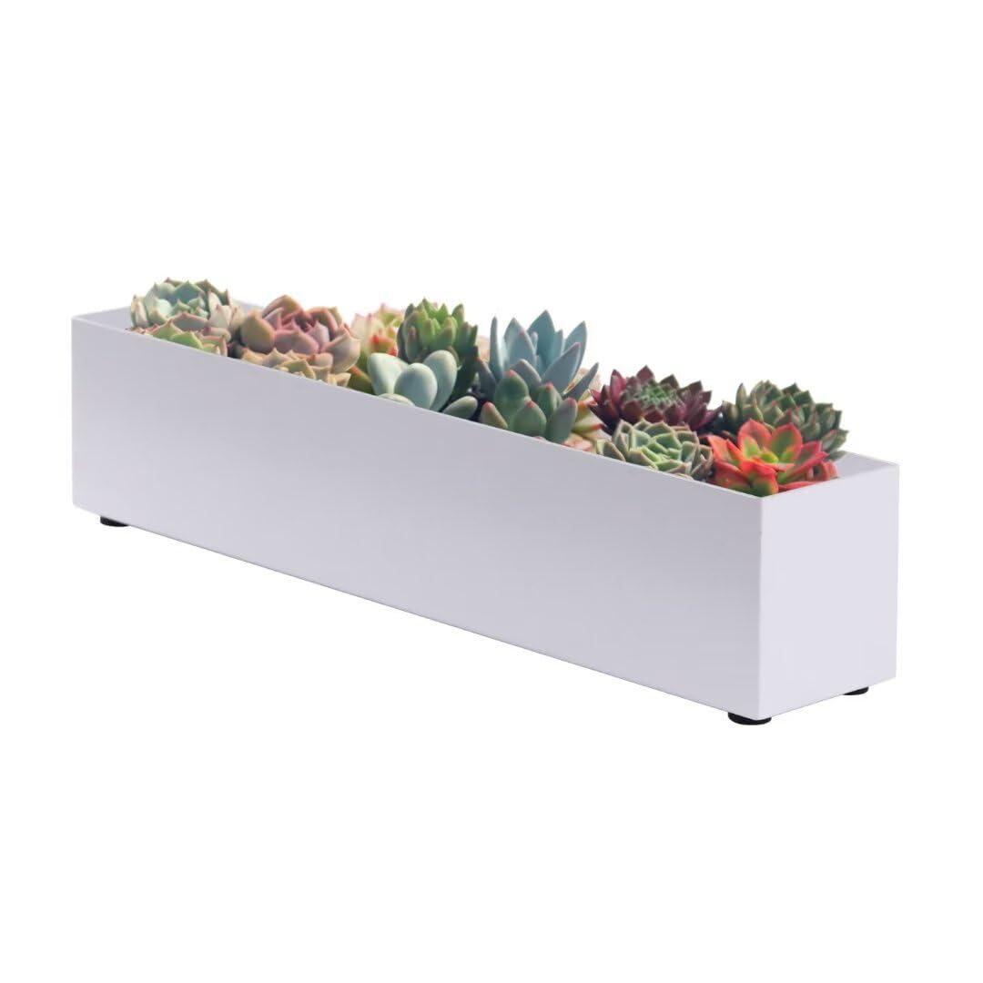 16" Window Box Rectangular Succulent Planting Box Metal Table Sill Planter Pots Modern Long Durable for Small Herb with Drainage Hole for Indoor Outdoor, with 4 Free Rubber Mats, White