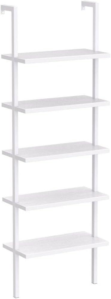 Zimtown 5-Shelf Wood Bookcase, Wall Mounted Learning Ladder Display Rack for Living Room, Bedroom, Office, White Finish