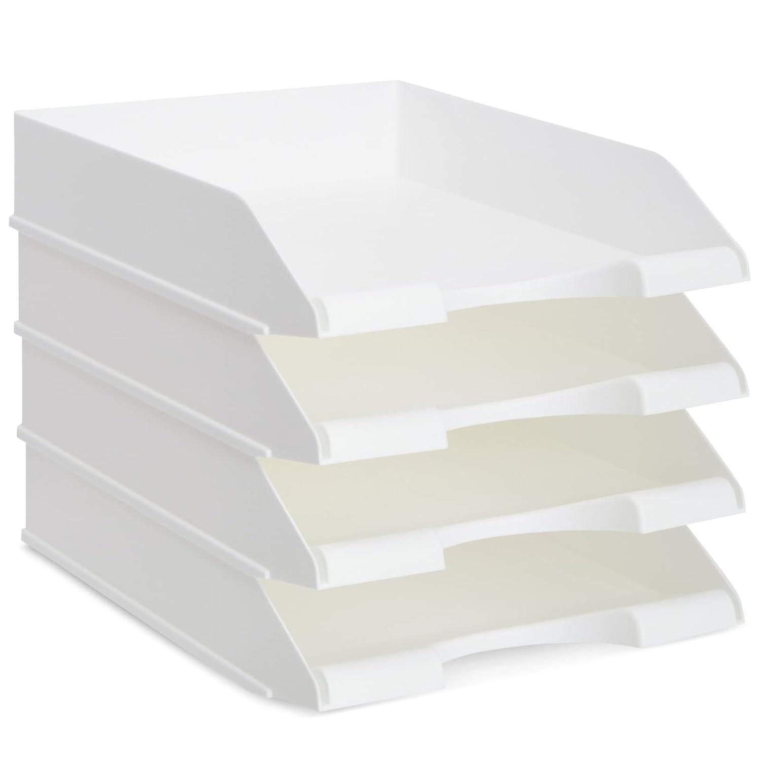Stockroom Plus 4 Pack Stackable Paper Trays for Letter Documents, Desktop File Organizers, 10 x 13.45 x 2.5 In - White