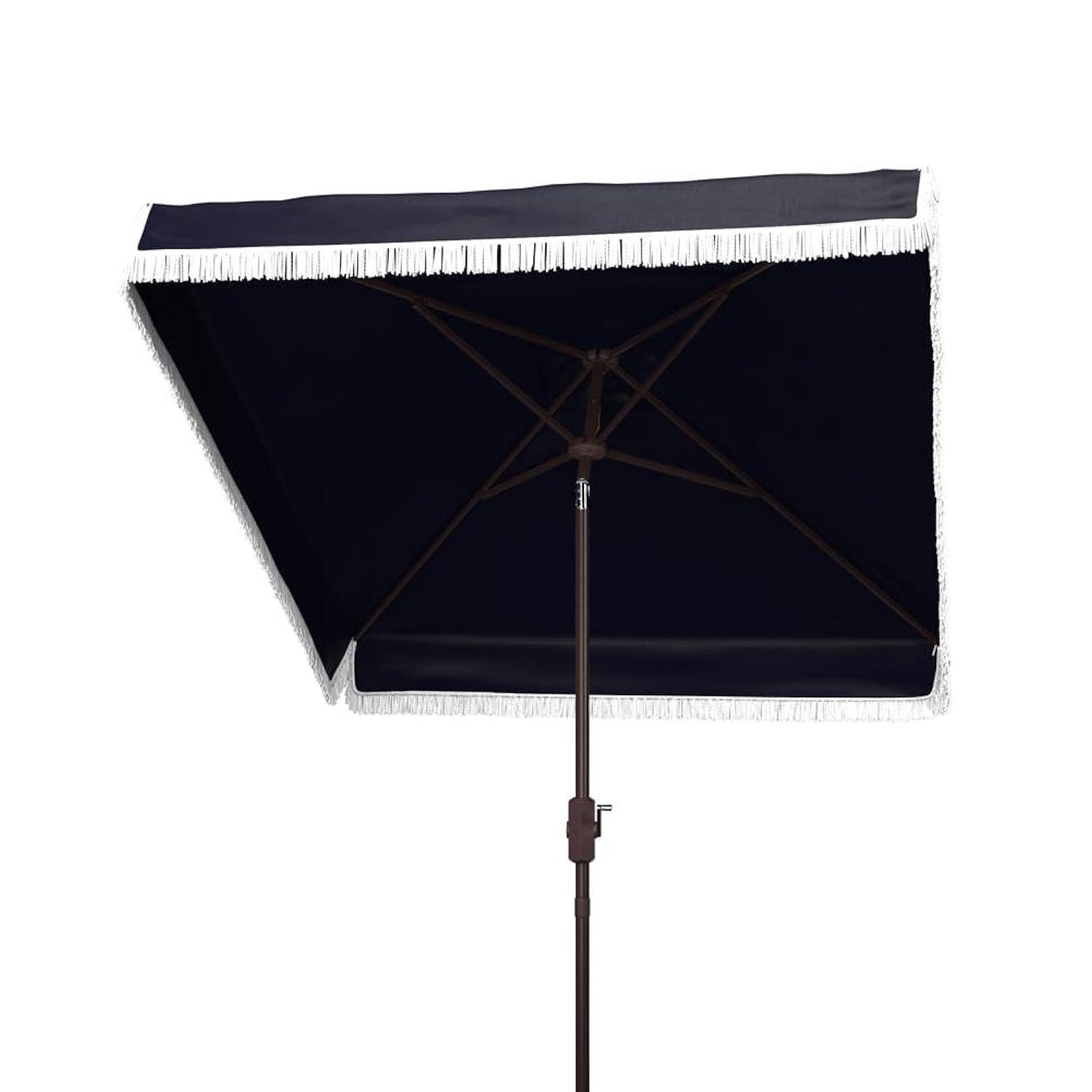 Milan Fringe 7.5 Ft Square Crank Umbrella - PAT8408 - Navy/White - Safavieh