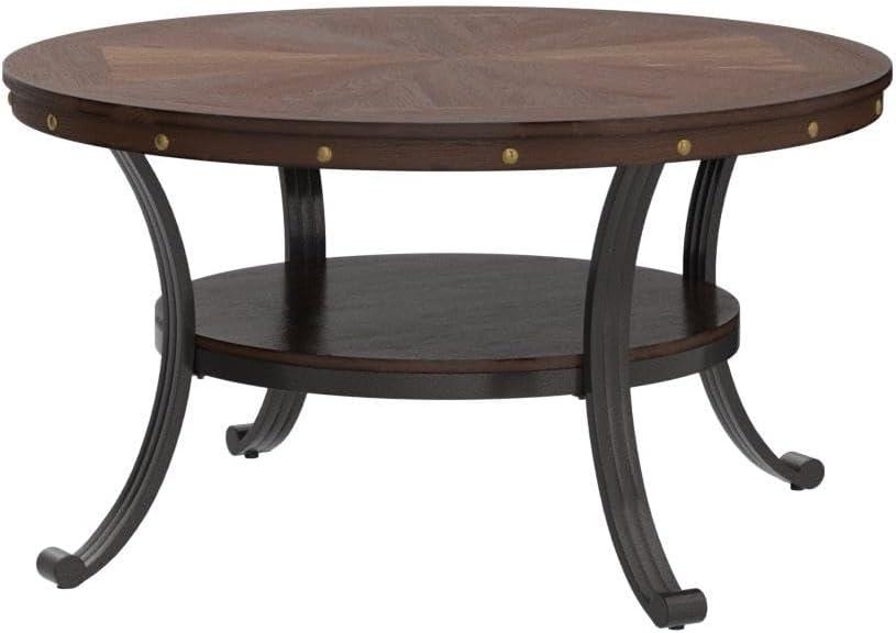 Linon Franklin Coffee Table Steel Legs Wood Top and Shelf in Rustic Umber Brown