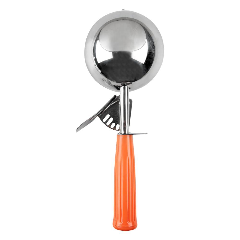 Restaurantware Met Lux 8 Ounce Portion Scoop 1 Durable Disher Scoop - Thumb Trigger Orange Stainless Steel Ice cream Disher For Portion Control For Ice Cream Mashed Potato And Cookie Batter