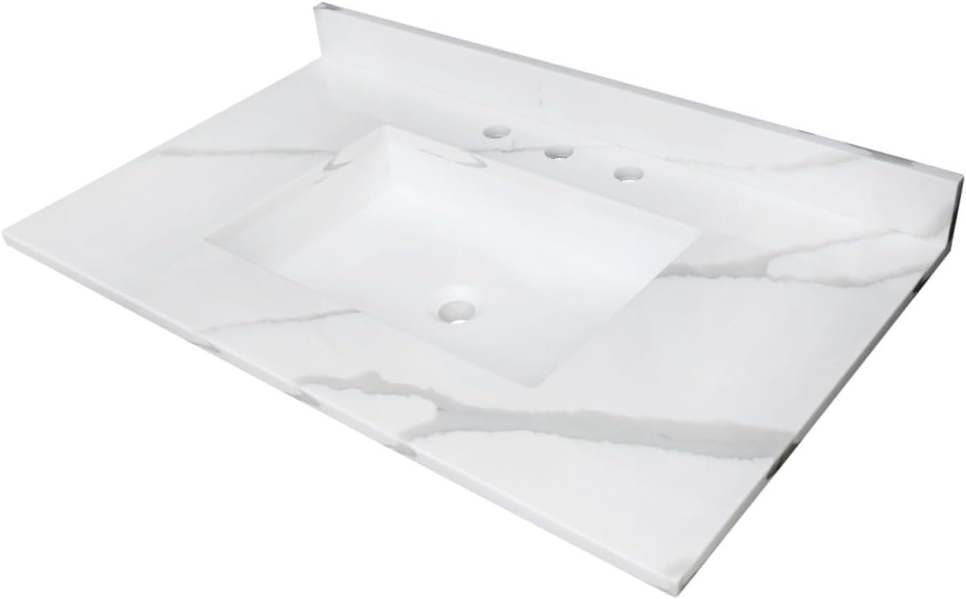 Calacatta Marble White Solid Surface Vanity Top with Integrated Sink