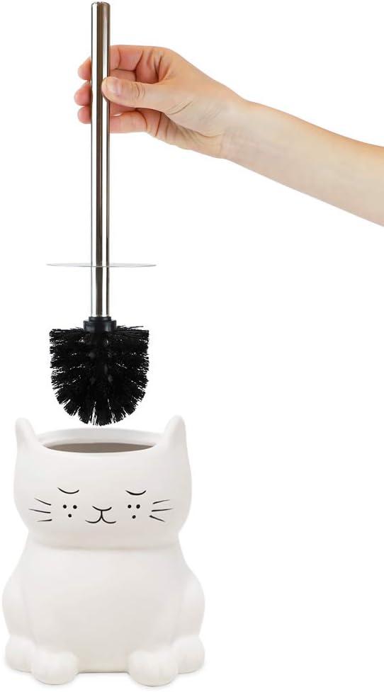 White Ceramic Cat Toilet Brush Holder with Chrome Handle