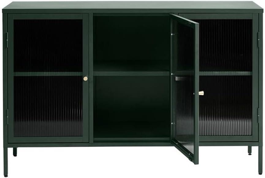 3-Door Contemporary Glass & Metal Sideboard in Green