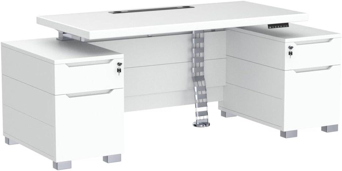 White Adjustable Height Desk with Filing Cabinets and Drawers