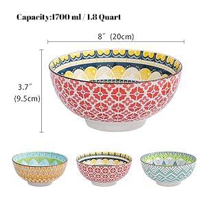 AHX arge Ceramic Serving Bowl Set - 8-InchColorful Porcelain Pasta Bowls - Perfect for Salad, Soup, Noodle, Ramen - Microwave and Dishwasher Safe - 57 oz (1400 ml)