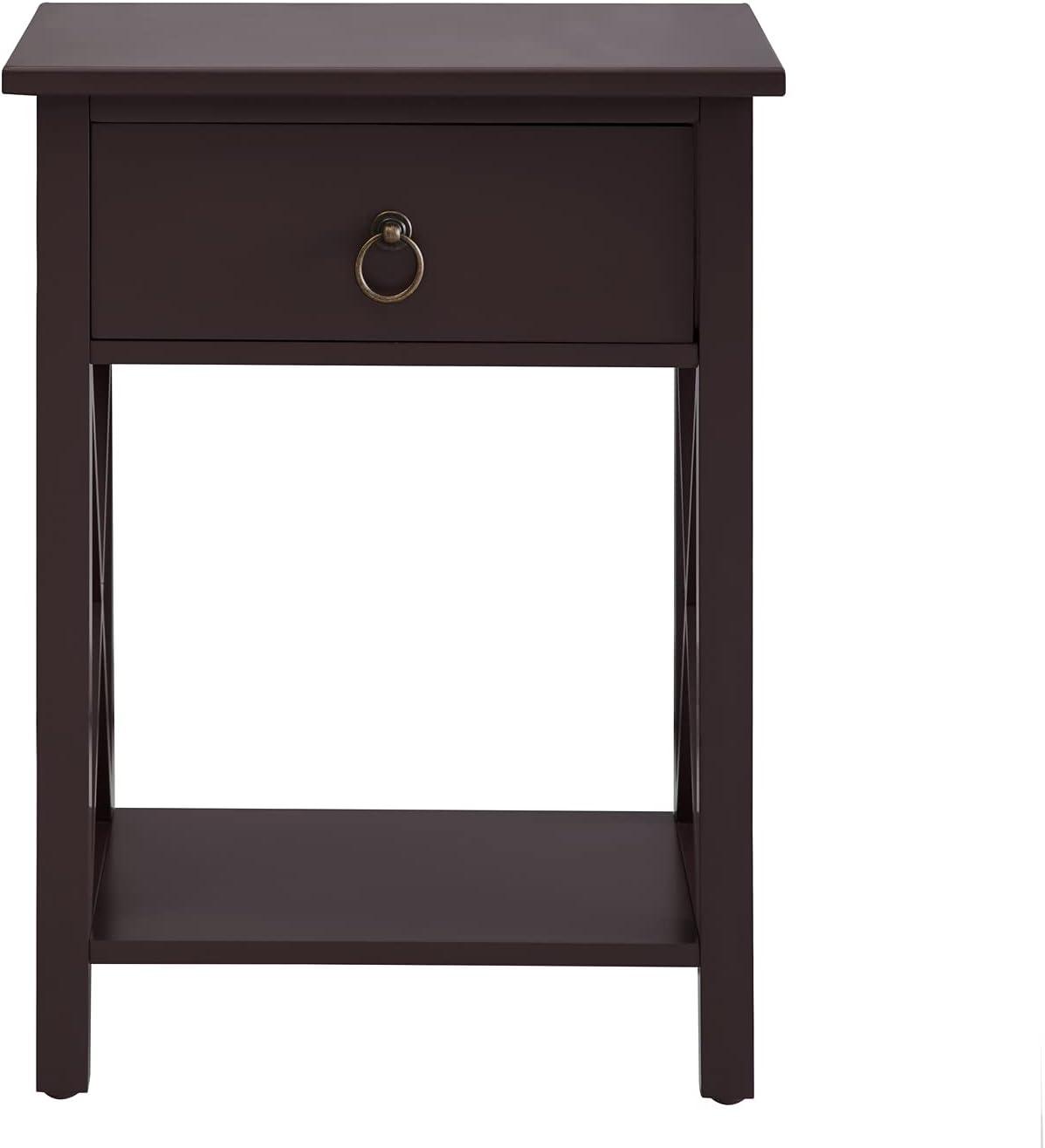 Cream Solid Wood Nightstand with Drawer and Shelf