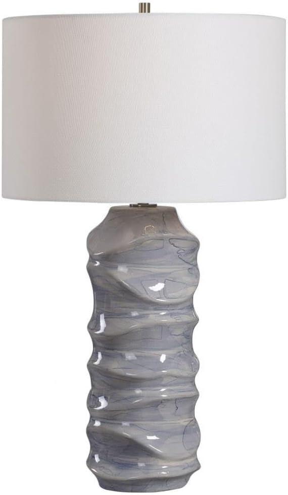 Modern Blue and White Ceramic Table Lamp with Drum Shade