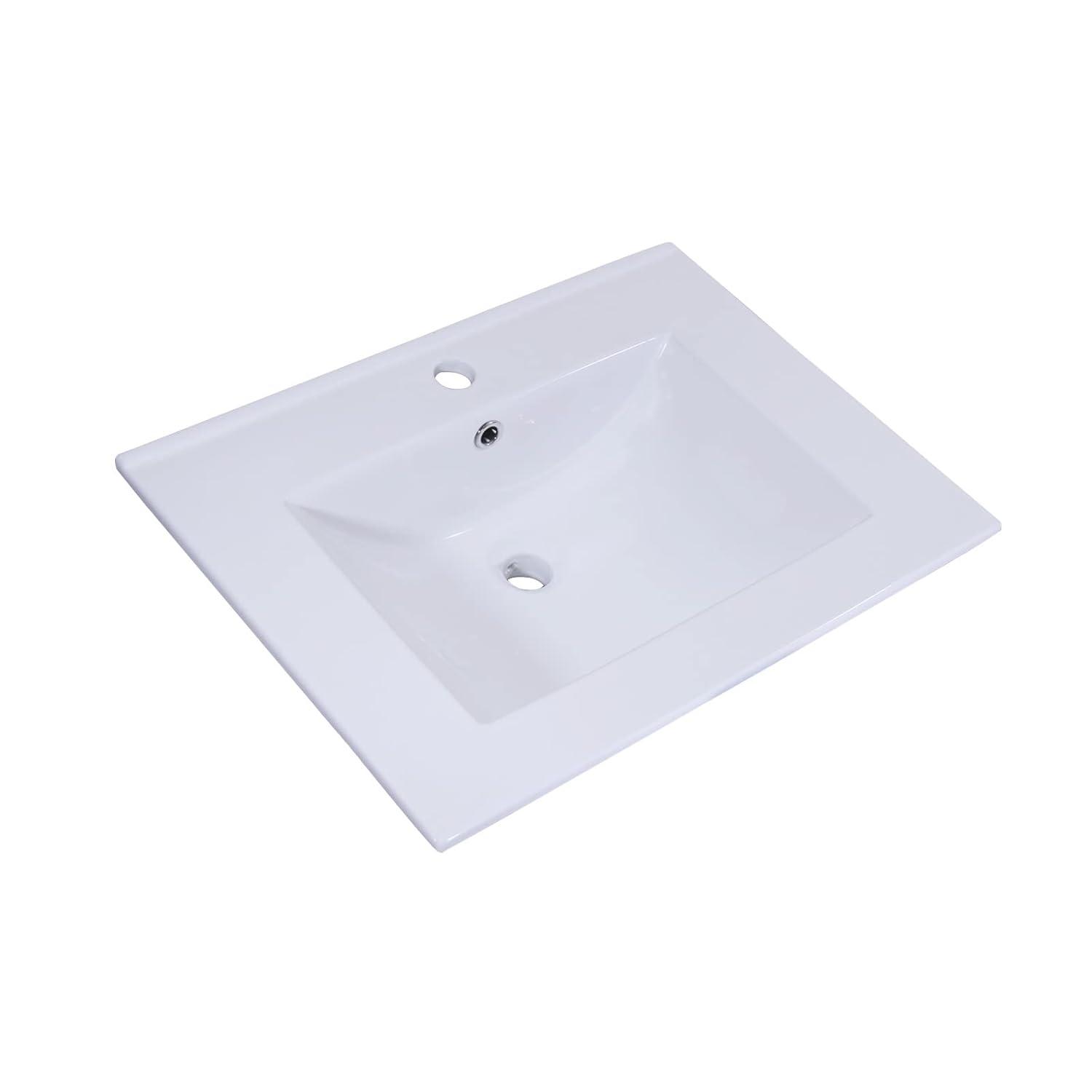 Miniyam 24" Ceramic Sink with Overflow, Drop in Bathroom Vessel Sink, White