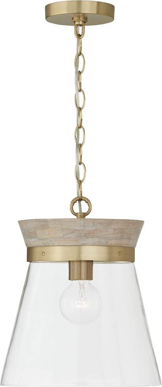 Finn 1-Light White Wash and Matte Brass Pendant with Clear Glass Shade