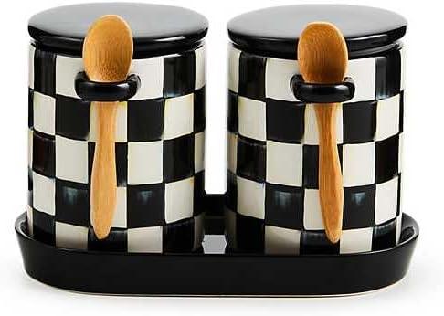 Black and White Ceramic Checkered Canister Set with Wooden Spoons