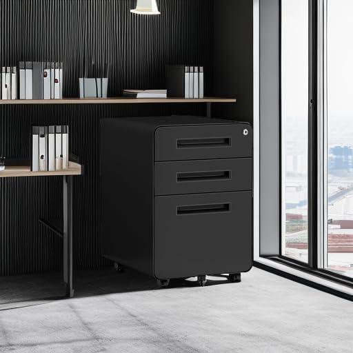 Keeomi Mobile Filing Cabinet 3 Drawer, Rolling Small File Cabinet with Keys Under Desk, Modern Black Filing Cabinet for Home Office with Anti-tilt Wheels, A4/Letter/Legal Hanging File Drawers