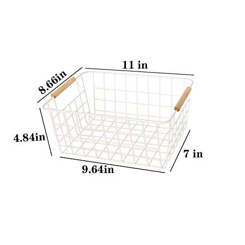 Wire Basket 2 Pcs Wire Storage Baskets Wire Baskets Organizing with Wooden Handles Wire Basket Pantry Organization and Storage Metal Wire Food Storage Basket for Kitchen, Cabinets (White 2PCS)