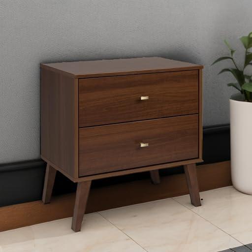 Milo Mid Century Modern 2 Drawer Nightstand Cherry - Prepac: Brushed Brass Knobs, Tapered Legs