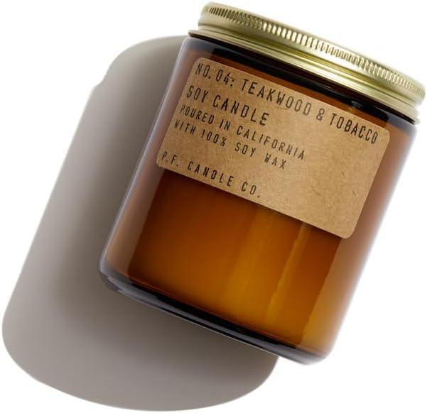 P.F. Candle Co. Standard Candle - Teakwood & Tobacco (7.2 oz Soy Wax, 40-50 Hour Burn Time, Amber Glass Jar)