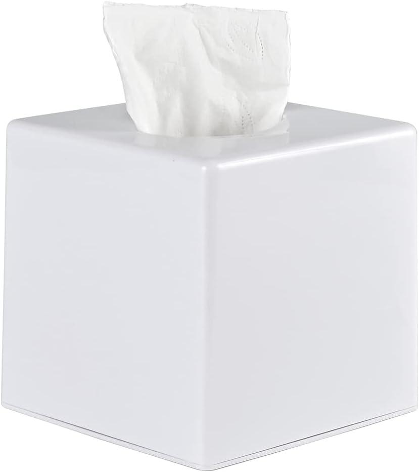 White Tissue Box Cover Square - Plastic Facial Tissue Box Holder - Decorative Cube Tissue Holder Dispenser Fits Any Vanity Countertop, Bedroom Dresser, Office, Bathroom Decor C33