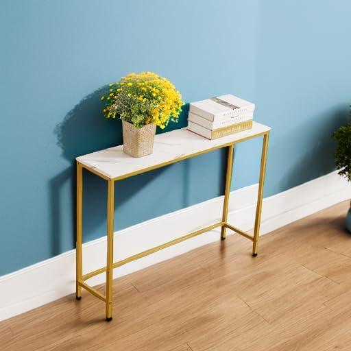 Console Table for Entryway, Faux Marble MDF Sofa Table with Golden Frame (Single Layer, White Marble)