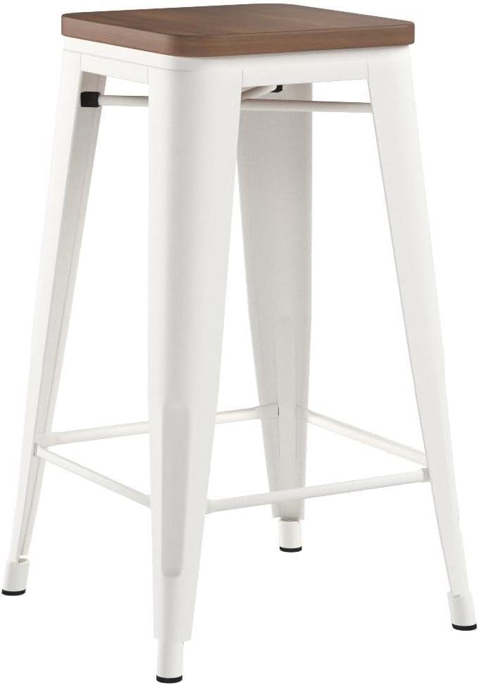 Cream White and Wood Saddle Style Swivel Bar Stools