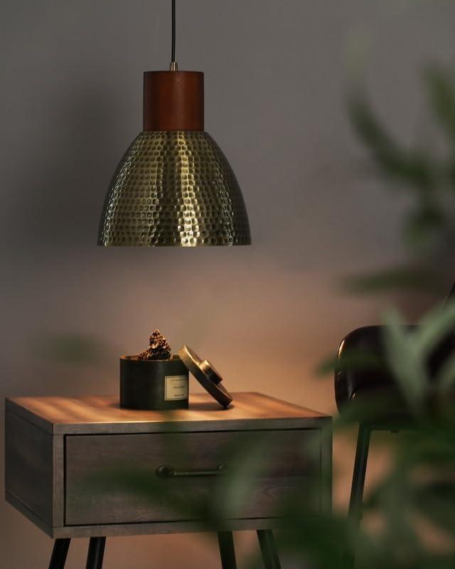 Vintage Brass and Wood Hammered Pendant Light