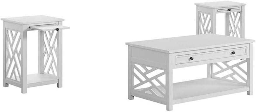 Alaterre Furniture 36" Middlebury Coffee Table with Drawer and 2 End Tables with Tray Shelf White: Mid-Century Modern, Wood Frame