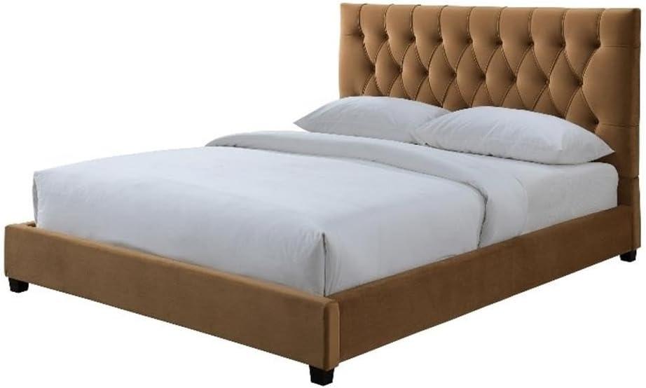 Elda Mid Century Modern Cognac Tan Velvet Upholstered King Platform Bed