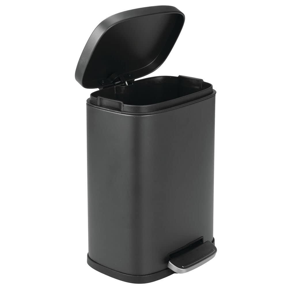 mDesign Stainless Steel Rectangular 1.3 Gallon Foot Step Trash Can, Lid - Black