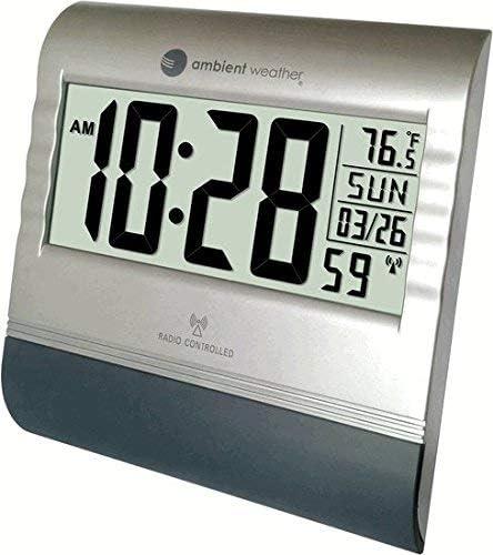 Ambient Weather RC-9362 Silver Atomic Digital Wall Clock with Temperature