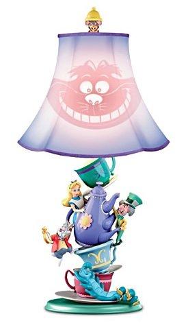 The Bradford Exchange Alice in Wonderland Handmade Sculptural Mad Hatter's Tea Party Table Lamp with Appearing Disappeaing Cheshire Cat Shade 17.5-Inches
