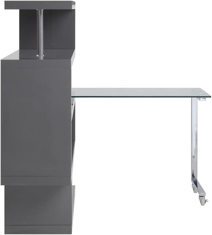 Buck II Writing Desk with Shelf in Clear Glass, Chrome & Gray High Gloss Finish