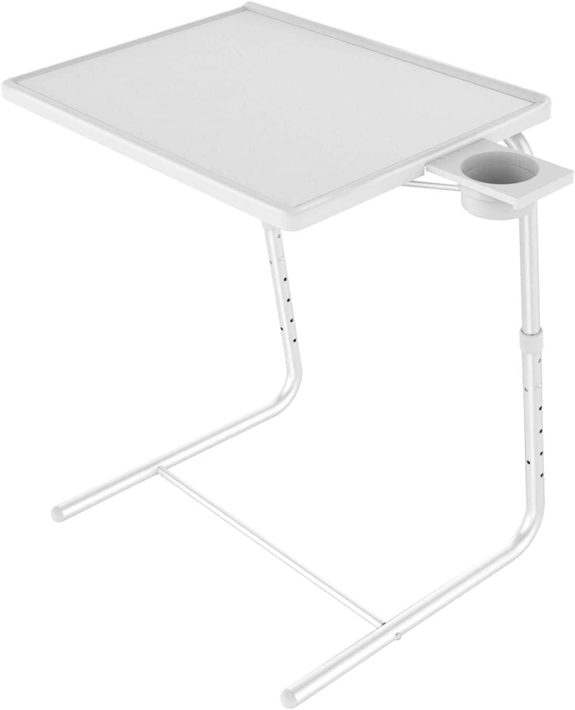 White Adjustable Folding TV Tray Table with Cup Holder