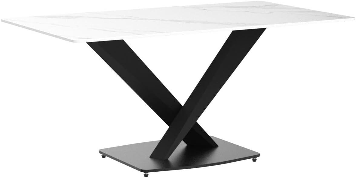 63'' White Sintered Stone Dining Table with Black Metal Base