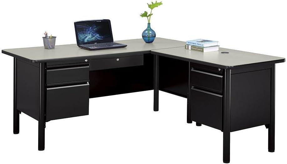 Cherry and Black L-Shaped Executive Office Desk with Lockable Drawers